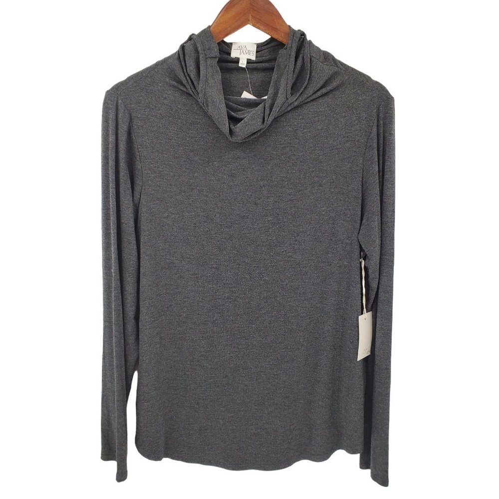 NWT Ava James Built-In Mask Cowl Neck Knit Top Womens Sz‎ L Gray Long Sleeve